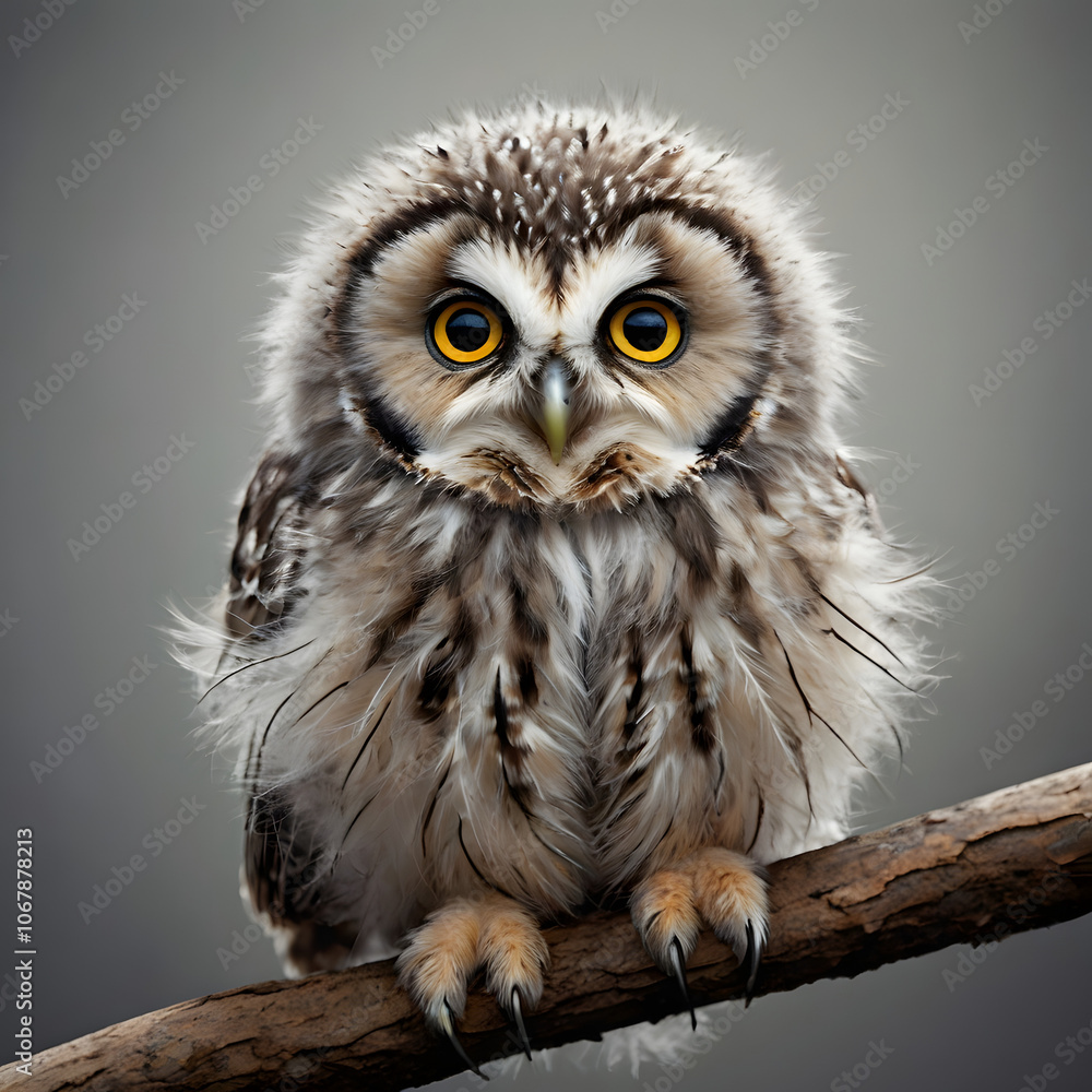 Fototapeta premium fluffy baby owl, perched on a branch with a soft gray background
