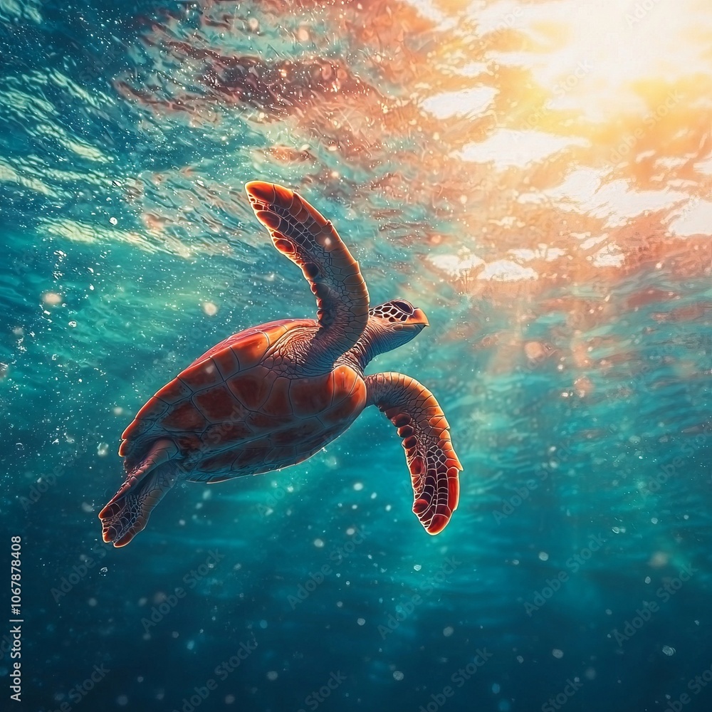 Obraz premium A serene underwater scene featuring a turtle swimming towards sunlight.