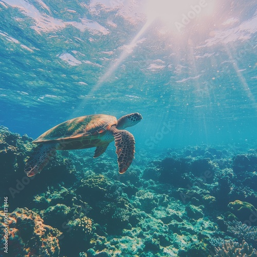 A sea turtle swimming gracefully through a vibrant underwater environment.