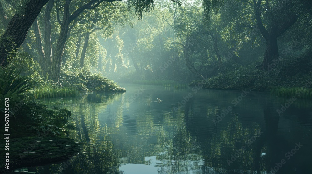 A tranquil river flows through a lush, green, misty forest. A tranquil river flows through a lush, green, misty forest.