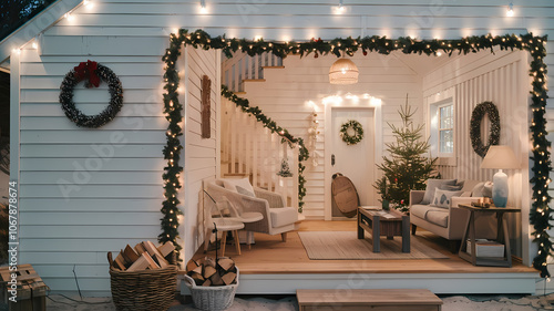 Beautiful Rustic Home with Classic Christmas Decor, Wood Accents, Holiday Wreaths, and outdoor Cozy Seasonal Atmosphere