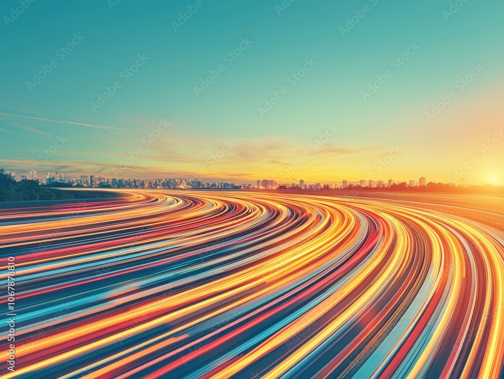A vibrant cityscape at sunset with light trails from moving vehicles. A vibrant cityscape at sunset with light trails from moving vehicles.
