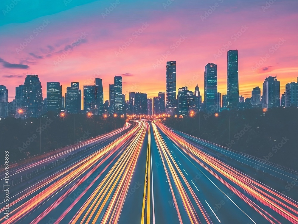 City skyline at sunset with light trails on a highway. City skyline at sunset with light trails on a highway.