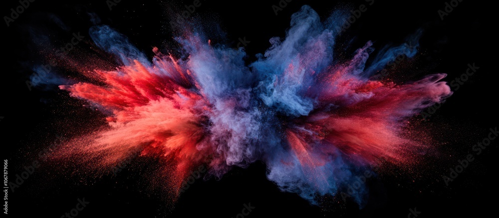 A vibrant explosion of red and blue powder against a black background, creating a dynamic and colorful abstract design. A vibrant explosion of red and blue powder against a black background, creating a dynamic and colorful abstract design.