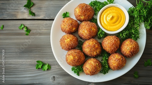 Delicious golden-brown corn fritters served on a white plate with a side of mustard sauce