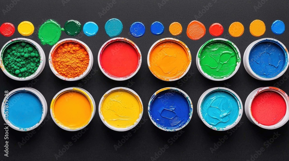 Colorful Paint Pots Arranged in a Row on a Black Background Colorful Paint Pots Arranged in a Row on a Black Background