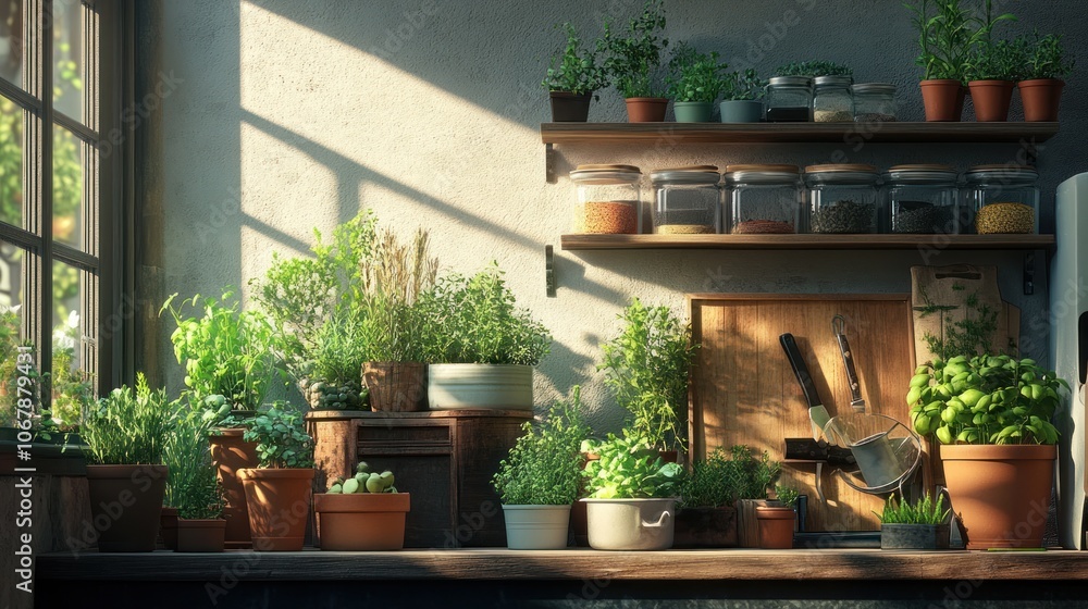 A rustic kitchen windowsill with fresh herbs, spices, and a wooden cutting board, bathed in warm sunlight. A rustic kitchen windowsill with fresh herbs, spices, and a wooden cutting board, bathed in warm sunlight.