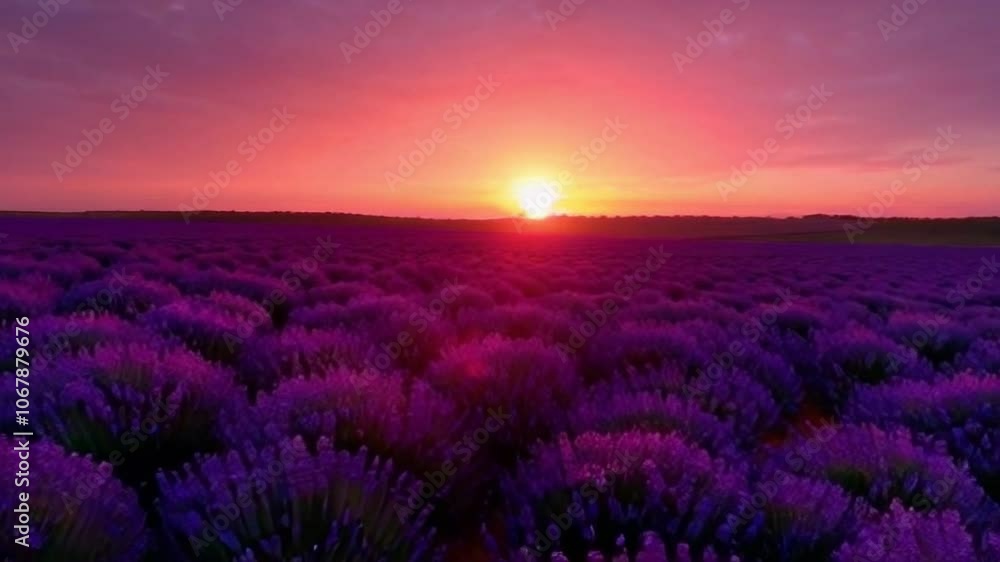 A field of lavender flowers with a beautiful sunset in the background A field of lavender flowers with a beautiful sunset in the background