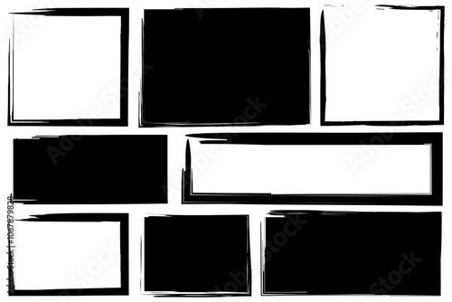 Distressed frame set. Black borders. Rough edged shapes. Vector illustration.