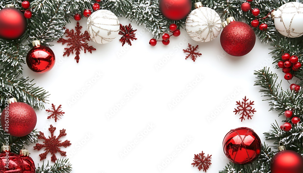 A minimal Christmas frame on a white background featuring festive decorations like ornaments and snowflakes, with room for text or images. A minimal Christmas frame on a white background featuring festive decorations like ornaments and snowflakes, with room for text or images.