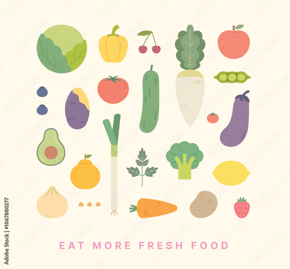 A collection of vegetable and fruit designs in a simple and geometric style. A collection of vegetable and fruit designs in a simple and geometric style.