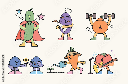 Cute vegetable and fruit personified characters. They are enjoying a healthy lifestyle.