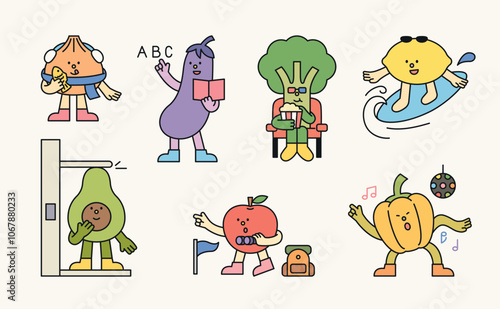 Cute vegetable and fruit personified characters. They are enjoying a wonderful life.