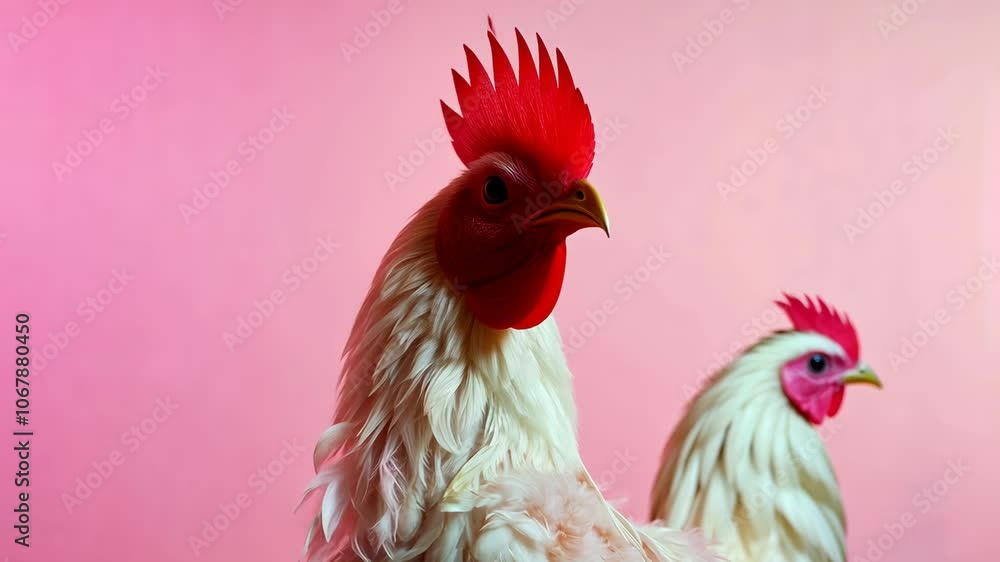 Two white roosters stand in front of a pink background Two white roosters stand in front of a pink background