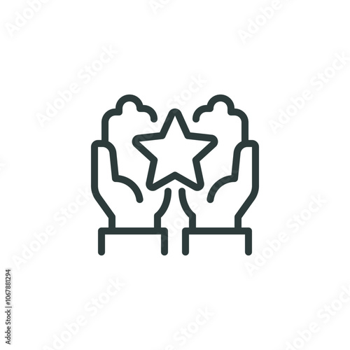Excellent result, get reward, grade quality outline icon. Line sign human hands holding-hugging star symbol. Vector isolated pictograms for web on white background editable stroke.