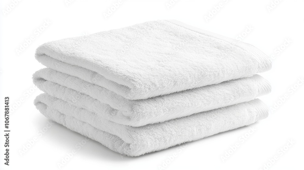 Neatly folded clean white towels arranged together on a white background, perfect for any bathroom or spa setting Neatly folded clean white towels arranged together on a white background, perfect for any bathroom or spa setting