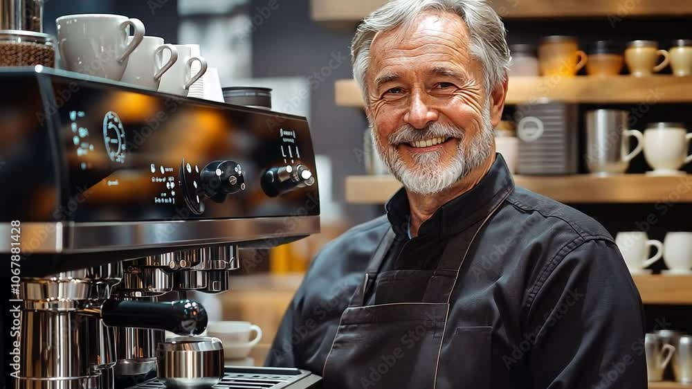 A smiling barista serves coffee in a cozy cafe filled with warm, inviting decor A smiling barista serves coffee in a cozy cafe filled with warm, inviting decor