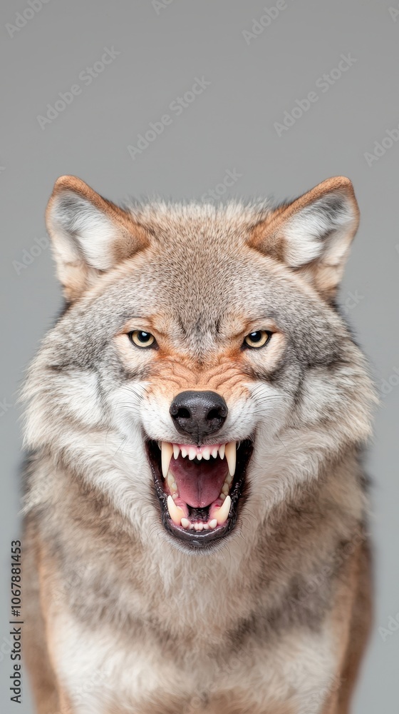 Fototapeta premium Aggressive Wolf with Fangs Wild Animal Portrait Gray Background