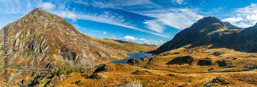 Ogwen valley panorama with Pen yr Ole Wen and Tryfan peaks in Snowdonia, North Wales. UK photo