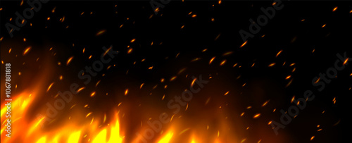 Flame with sparks, fire with flying cinder, abstract glowing embers, heat sparkles, bokeh fire texture. Vector illustration.
