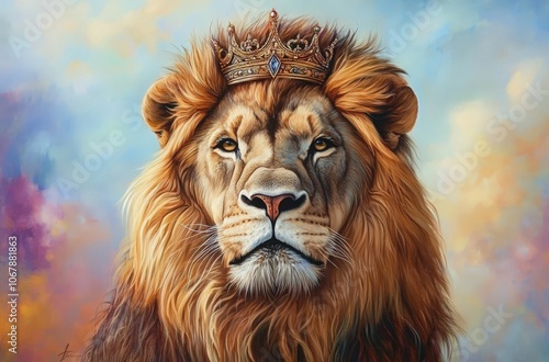 A majestic lion adorned with a golden crown, against an abstract, vibrant and colorful oil painting style background photo