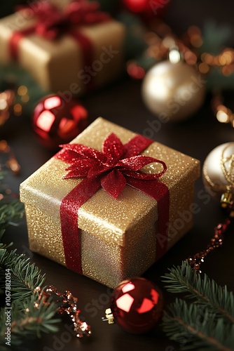 Golden gift box amidst festive decorations, perfect for creating holiday greetings or banners