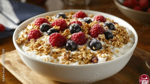 A bowl of overnight oats served with mixed berries, crunchy granola, and a touch of maple syrup, perfect for a nutritious breakfast on-the-go