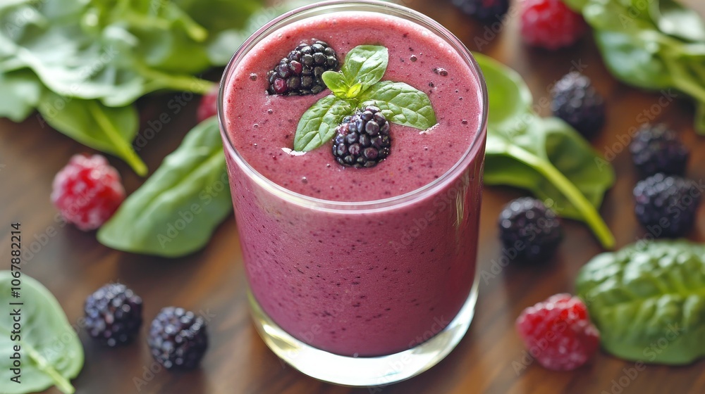 A bright and creamy spinach, banana, and berry smoothie in a clear glass, emphasizing its nutrient-rich content and vibrant color A bright and creamy spinach, banana, and berry smoothie in a clear glass, emphasizing its nutrient-rich content and vibrant color