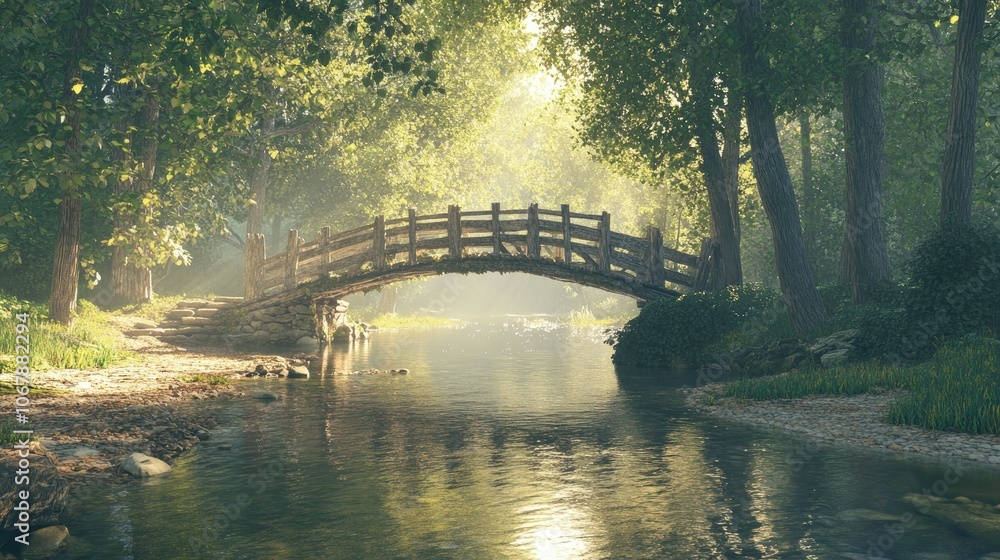 Fototapeta premium A charming, weathered wooden bridge stretches over a clear stream, surrounded by trees with sun shining through their leaves