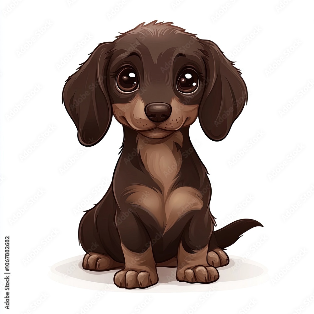 A cartoon illustration of a brown and tan dachshund puppy sitting with a sweet expression