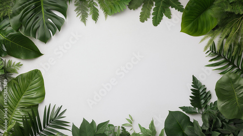 Tropical Leaf Frame: Lush greenery creates a vibrant, natural frame perfect for your design projects. The image features a variety of tropical leaves arranged in a circular border.