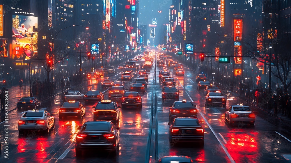 City traffic shines brightly under neon lights at night City traffic shines brightly under neon lights at night