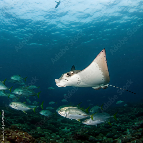 Eagle ray swimming with a small school of jack fish photo