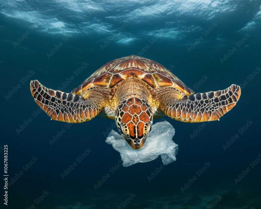 Obraz premium Sea Turtle eats plastic bag, plastic pollution in ocean problem. Protect the ocean environment, marine animals and serious waste pollution