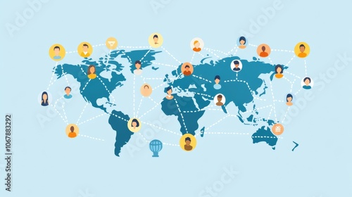 Global social media network connection, people icons on planet earth map. Internet technology and online data exchange