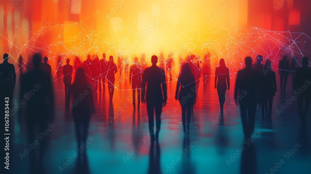 Silhouetted figures navigate a vibrant digital landscape Silhouetted figures navigate a vibrant digital landscape