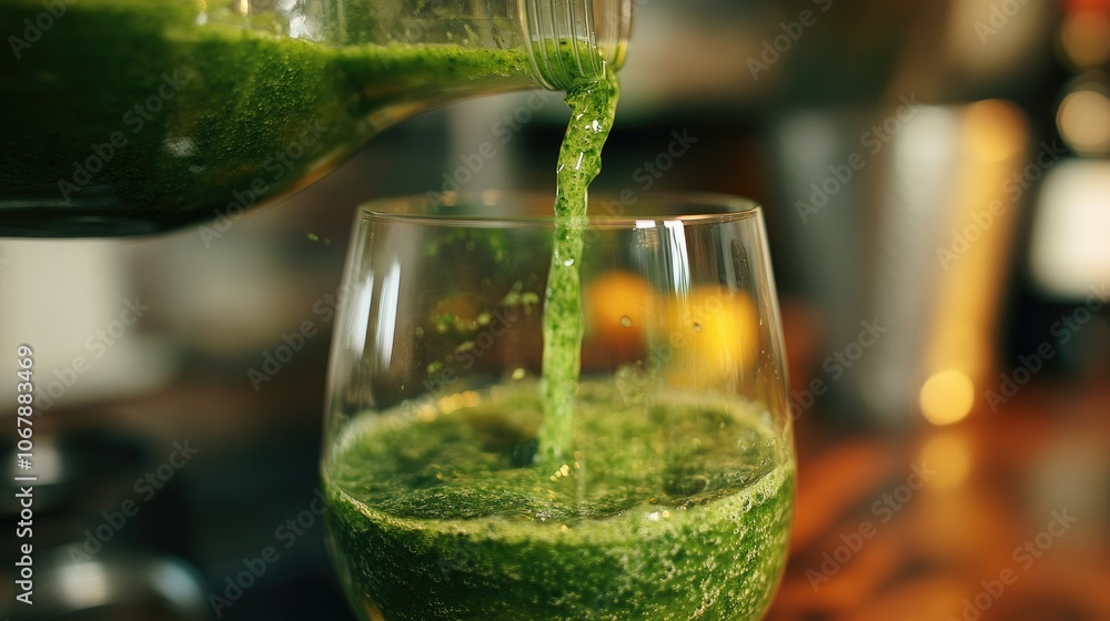 A fresh, vibrant green smoothie made with spinach, kale, and tropical fruits, being poured into a glass with a healthy, refreshing appeal A fresh, vibrant green smoothie made with spinach, kale, and tropical fruits, being poured into a glass with a healthy, refreshing appeal