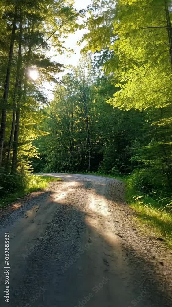 A gravel road winds through a dense forest on a sunny day, with the sunlight shining through the trees A gravel road winds through a dense forest on a sunny day, with the sunlight shining through the trees
