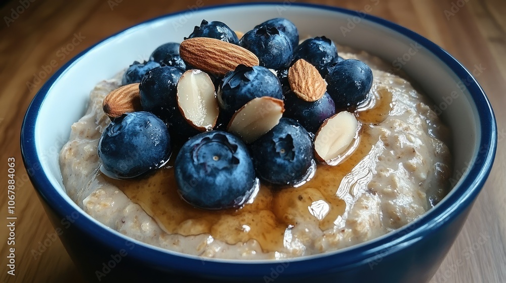 A healthy breakfast of overnight oats topped with blueberries, almonds, and maple syrup, offering a wholesome start to the day A healthy breakfast of overnight oats topped with blueberries, almonds, and maple syrup, offering a wholesome start to the day