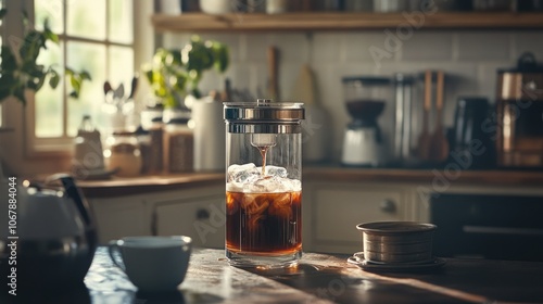 A hand-crafted cold brew coffee drip tower in a cozy kitchen setting, slowly brewing a perfectly smooth beverage in a glass