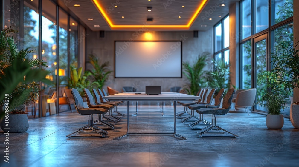 Contemporary conference room setup featuring a central table, comfortable chairs, natural light from floor-to-ceiling windows, and lush plants for a refreshing atmosphere. Contemporary conference room setup featuring a central table, comfortable chairs, natural light from floor-to-ceiling windows, and lush plants for a refreshing atmosphere.
