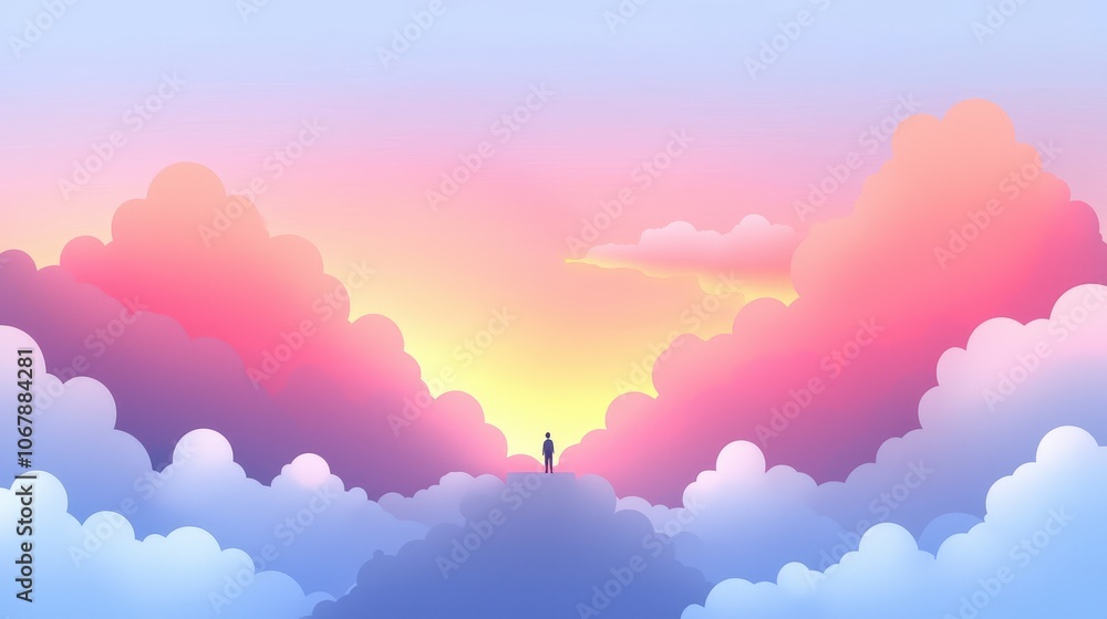 Man Standing on Mountaintop at Sunset with Clouds in Pastel Colors Man Standing on Mountaintop at Sunset with Clouds in Pastel Colors