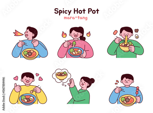 People who like spicy food are enjoying Sichuan pepper soup. The various facial expressions of people eating spicy food.