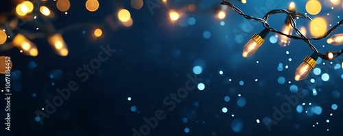 Christmas lights on a dark blue background, with copy space.