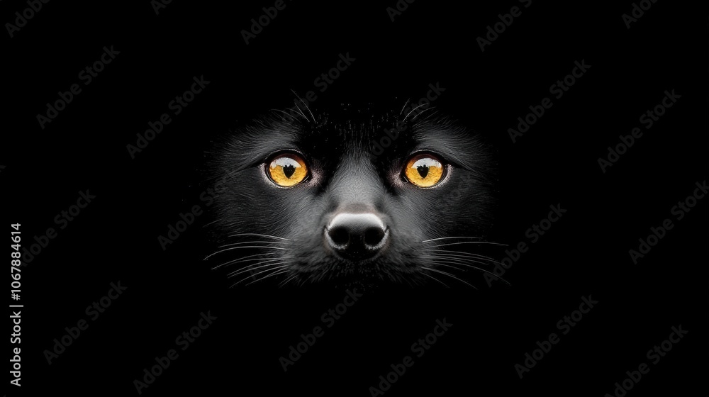 Black Wolf Portrait with Intense Yellow Eyes in Darkness Black Wolf Portrait with Intense Yellow Eyes in Darkness