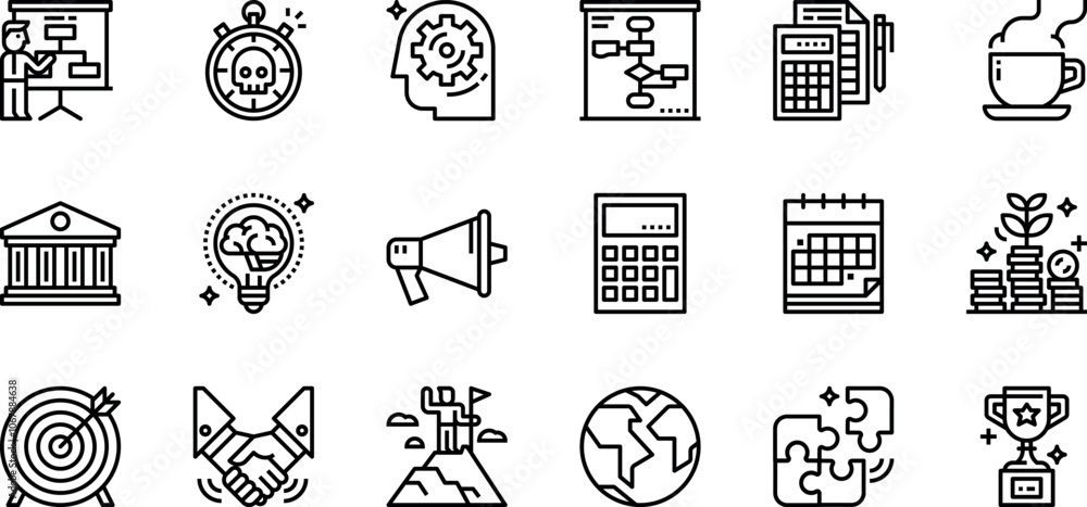 set of outline icons, focused on business, productivity, and strategic concepts. It includes icons of presentations, time management, mental processes, flowcharts, and financial documents.