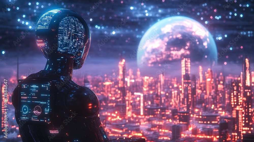 Fototapeta premium Futuristic robot observes dazzling cityscape under cosmic sky