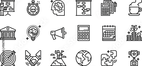 Obraz na płótnie set of outline icons, focused on business, productivity, and strategic concepts. It includes icons of presentations, time management, mental processes, flowcharts, and financial documents. w salonie