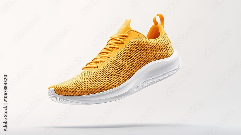 A vibrant yellow athletic shoe with a breathable mesh design. A vibrant yellow athletic shoe with a breathable mesh design.