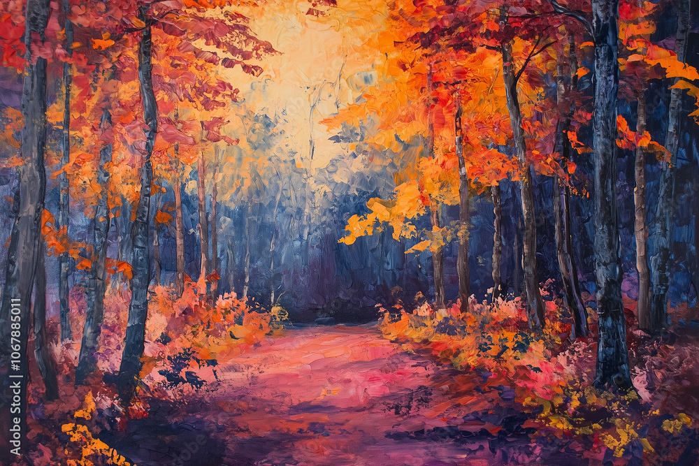 A scenic autumn forest path captured in brushstroke painting, showcasing warm hues of gold, orange, and red. The textured strokes and rich foliage evoke a tranquil, vibrant fall landscape. A scenic autumn forest path captured in brushstroke painting, showcasing warm hues of gold, orange, and red. The textured strokes and rich foliage evoke a tranquil, vibrant fall landscape.